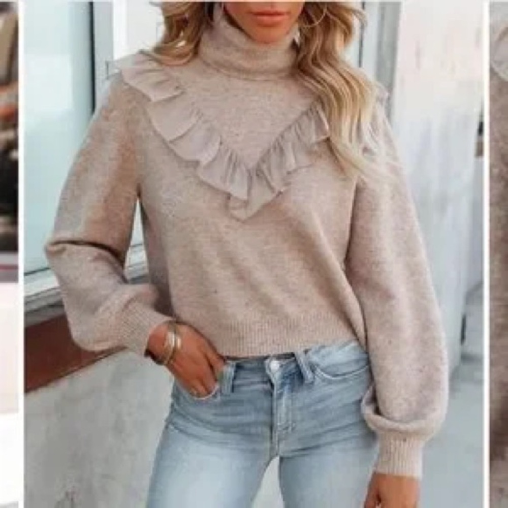 Vici LYRIC RUFFLE CROP TURTLENECK SWEATER - TAUPE medium ruffle